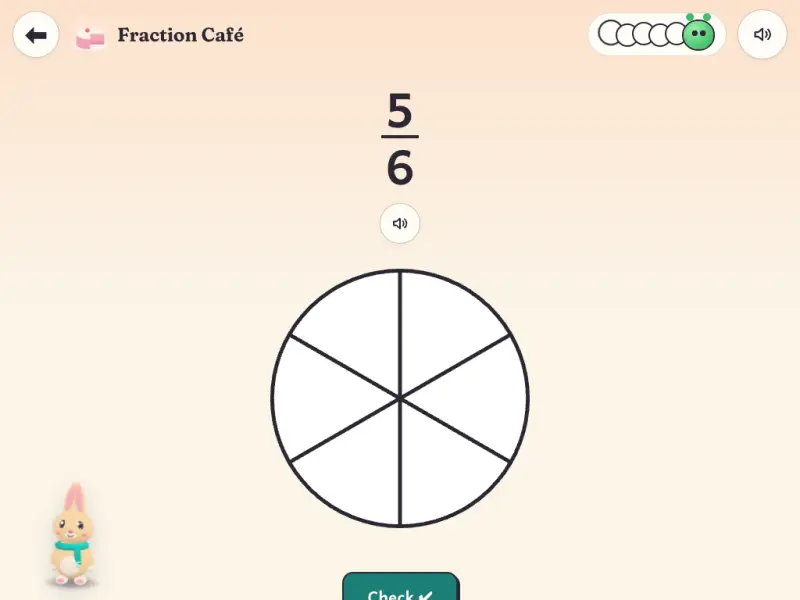 Fraction Café: shade five sixths of the cake