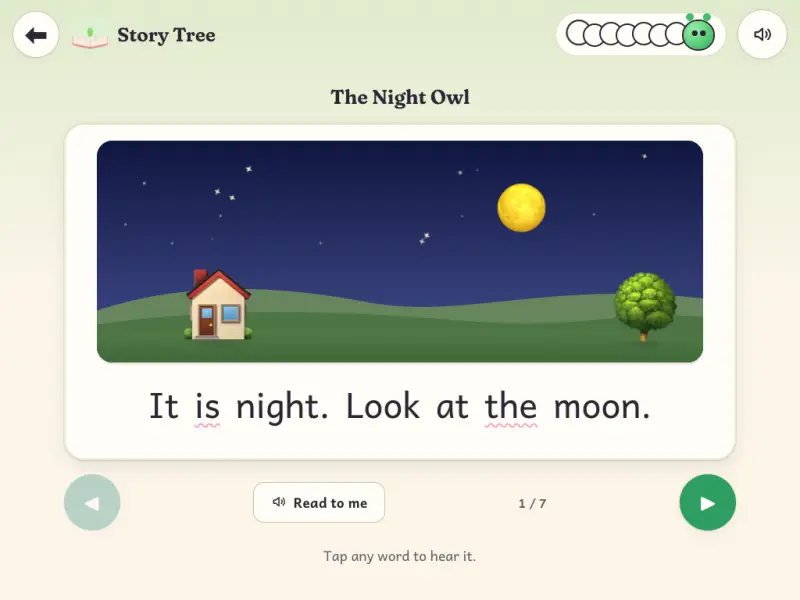The Night Owl: tap any word to hear it, or have the whole page read aloud